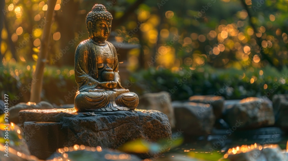 Serene Buddha Statue in Peaceful Garden Setting.