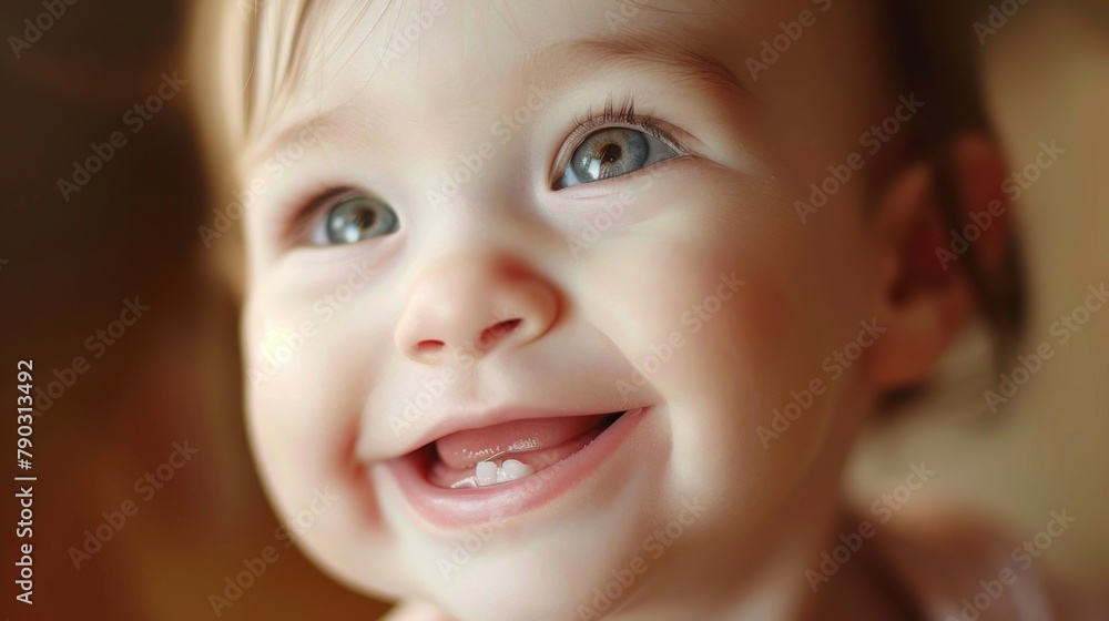 Baby's first smile: A precious moment captured as a Caucasian baby flashes their first toothless smile, filling the room with joy and love. Baby's first smile: A precious moment captured as a Caucasian baby flashes their first toothless smile, filling the room with joy and love.
