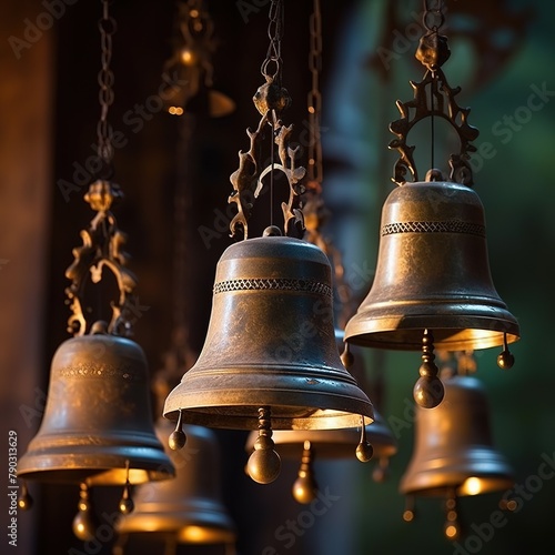 Bells chime softly as they sway, adding a delightful tinkling sound to the room, Ai generated