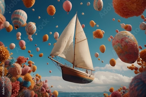 Levitation. Boat sailing in azure waters of heaven with balloons floating in the sky.