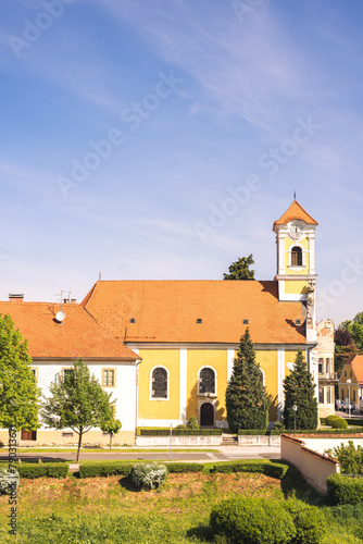 view of the old town, above the roofs, from park to church, Varazdin, Croatia, 
