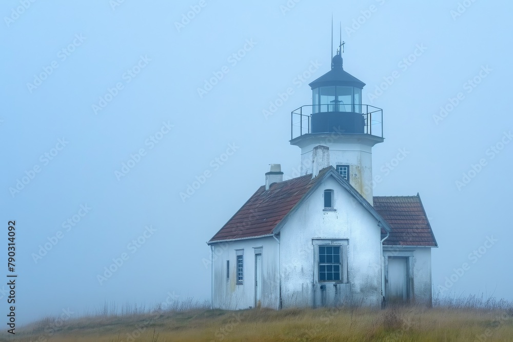 A white lighthouse with a brown roof stands tall amidst the fog, guiding ships with its bright light, Charming old lighthouse on a foggy morning, AI Generated