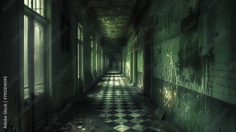 The corridor of the old mental hospital stretches out before you like a twisted labyrinth of forgotten nightmares. Each step sends a shiver down your spine as the air grows thick with the scent