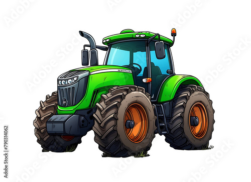 Detailed vector illustration of a green tractor with oversized tires parked on grass. Generative AI