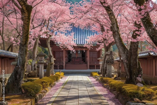 A picturesque walkway adorned with trees blossoming in pink flowers leading through a vibrant pathway, Cherry blossom trees surrounding an ancient Japanese temple, AI Generated