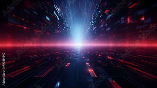  Delve into the depths of a dark and futuristic digital world, where blue data blocks pulsate with energy amidst the crimson glow of red light, creating a captivating abstract technology background
