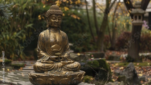 Serene Buddha Statue in Peaceful Garden Setting.