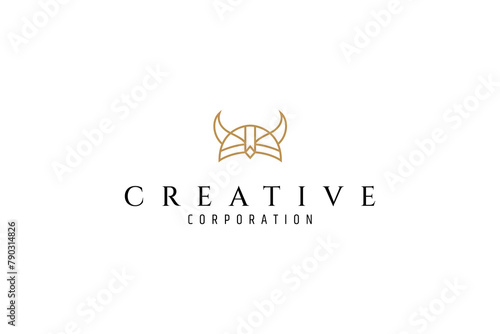 Viking head shield logo with gold line concept