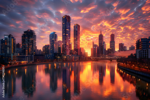 Dawn Break Over Gleaming Urban Landscape - A Twinkling Cityscape under Kaleidoscopical Sky © Larry