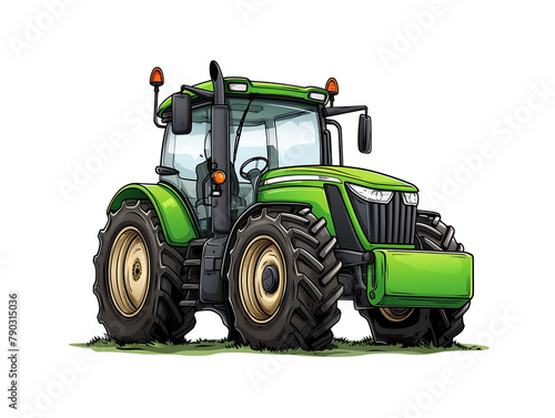 Detailed vector illustration of a green tractor with oversized tires parked on grass. Generative AI