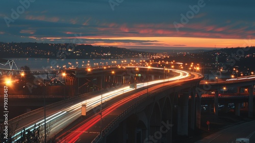 Bridge traffic  Vehicles streak across a busy bridge  their lights creating a vibrant streak of movement against the backdrop of dusk.