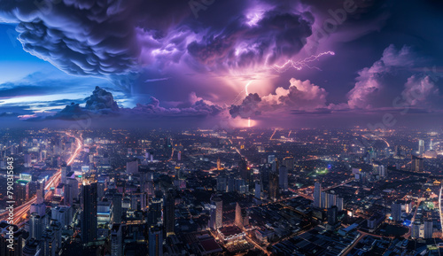 Lightning storm over city in purple light with clouds photo