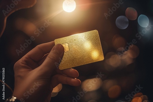 Customers holding a large, shimmering gold card under a spotlight, dramatizing the exclusive benefits and luxury status of hightier loyalty programs