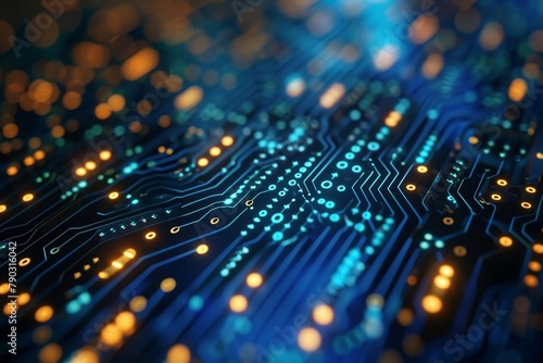 Close Up of a Computer Circuit Board, Circuit board background with a layer of transparent binary code over it, AI Generated photo