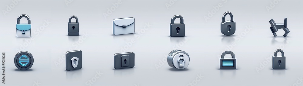 Set of minimalist icons for data protection, including encrypted locks, blindfolds on digital profiles, and secure vaults, rendered in cool grays and blues to symbolize trust and safety Set of minimalist icons for data protection, including encrypted locks, blindfolds on digital profiles, and secure vaults, rendered in cool grays and blues to symbolize trust and safety