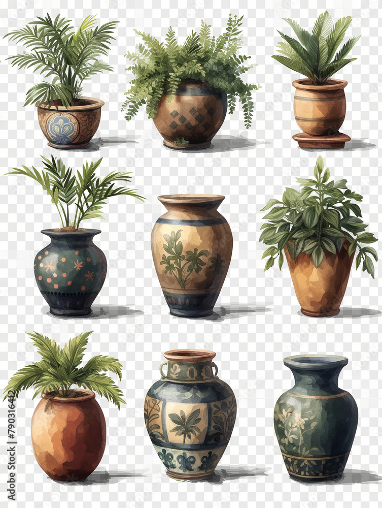 Collection, Set of Flower Vases with Flowers, Ceramic, Glass, Colorful, with White Background Collection, Set of Flower Vases with Flowers, Ceramic, Glass, Colorful, with White Background