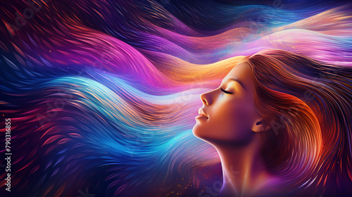 Abstract visualization of psychic waves flowing from a human mind into the surrounding space, colorful and dynamic effects