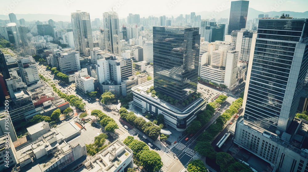 Fototapeta premium Aerial view of a commercial hub with bustling streets and office buildings, capturing the essence of a thriving business environment