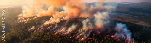 Aerial view of a large forest fire, smoke and flames visible from above, demonstrating the vast impact on the woodland area photo