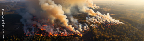 Aerial view of a large forest fire, smoke and flames visible from above, demonstrating the vast impact on the woodland area