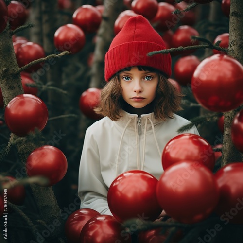 I need Girl in christmas tree forest with red nose, high angle portrait keywords to generate image in 10 sentence, Ai generated