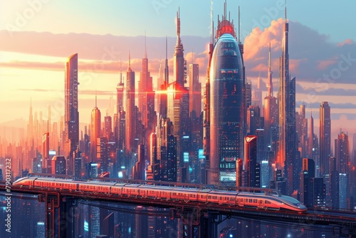 Futuristic City With a Train Crossing a Bridge, City skyline with futuristic skyscrapers and hi-tech monorails, AI Generated photo