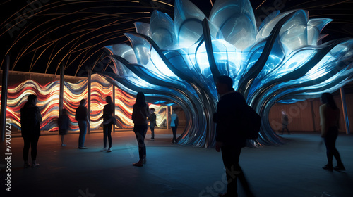 Art installation of interactive digital art, using technology to create beautiful patterns of light and sound, attracting viewers in a public space photo