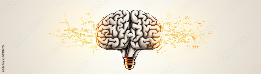 Brain with a light bulb growing out of it, symbol of ideas, white background, top view, schematic style - obrazy, fototapety, plakaty 
