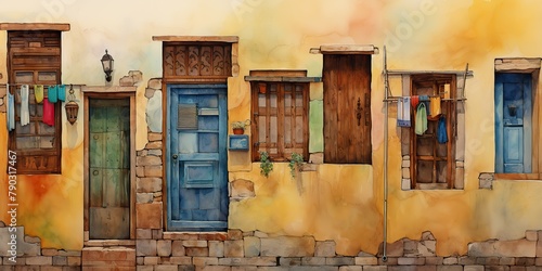Watercolor draw paint ink front side of house with windows and doors background scene view