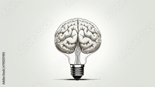 Brain and integrated light bulb, innovation symbol, frontal view, sketchlike, monochrome shading photo