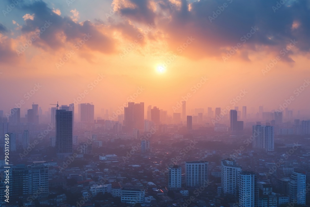 The sun sets, casting a warm glow over a city as tall buildings create a striking silhouette against the colorful sky, Cityscape horizon blended with infrastructure under construction, AI Generated