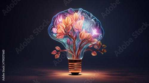Cerebral lobes with bulb flowering, idea growth, low angle, sharp focus, oil painting style photo