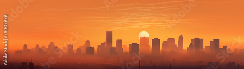 City skyline at sunset, buildings outlined against a glowing orange sky, urban beauty merging with the end of day light