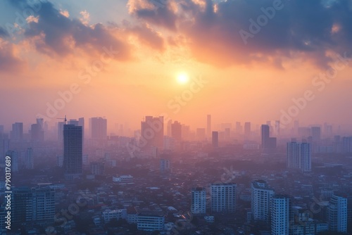 The sun sets  casting a warm glow over a city as tall buildings create a striking silhouette against the colorful sky  Cityscape horizon blended with infrastructure under construction  AI Generated