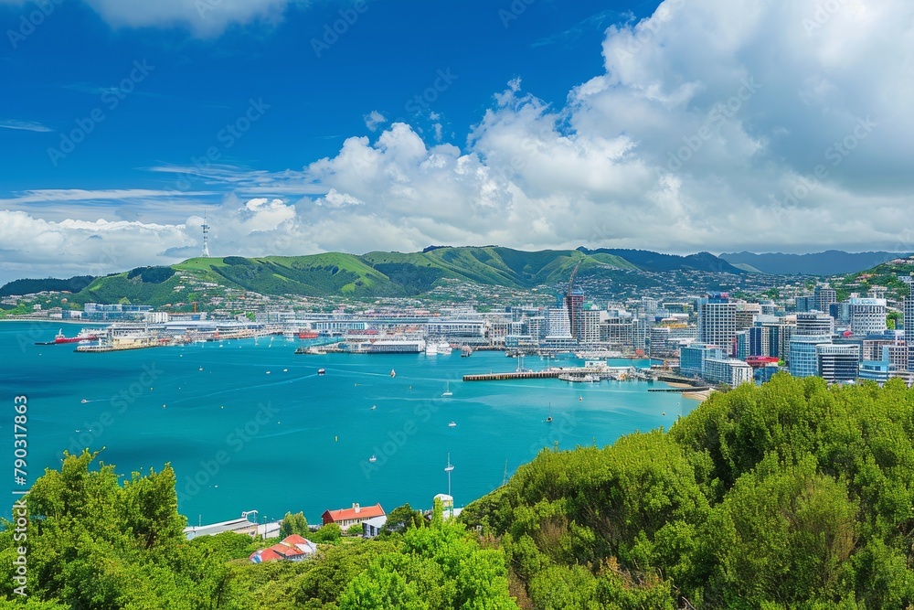 A cityscape featuring buildings and infrastructure along with a body of water in the foreground, Cityscape of Wellington with harbor in the picture, AI Generated