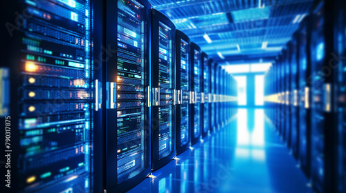 Closeup of a network server room with rows of modern equipment, blinking lights and cables, emphasizing data management