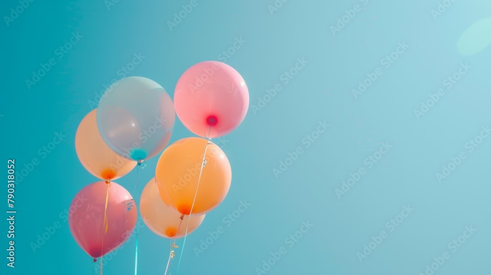 colorful pastel ballons against a clear blue sky 