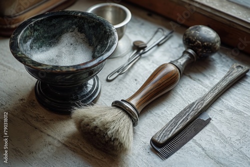 A collection of grooming essentials including a shaving brush, razor, and various accessories arranged on a table, Classic barber tools including a razor, brush, comb, and bowl, AI Generated