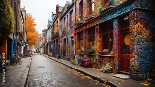 Les façades des bâtiments sont ornées de graffitis colorés, rue originale, insolite. photo