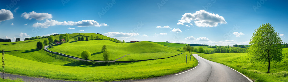 Country road meandering through green rolling hills, ideal for a tranquil rural getaway, sunny day, inviting outdoor journey