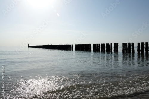 The north sea beach and coasline of the dutch village Westkapelle on summer day with high tide. photo