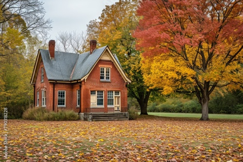 The photo captures a red brick house standing among a lush green landscape filled with trees and leaves, Classic brick schoolhouse in early autumn, AI Generated