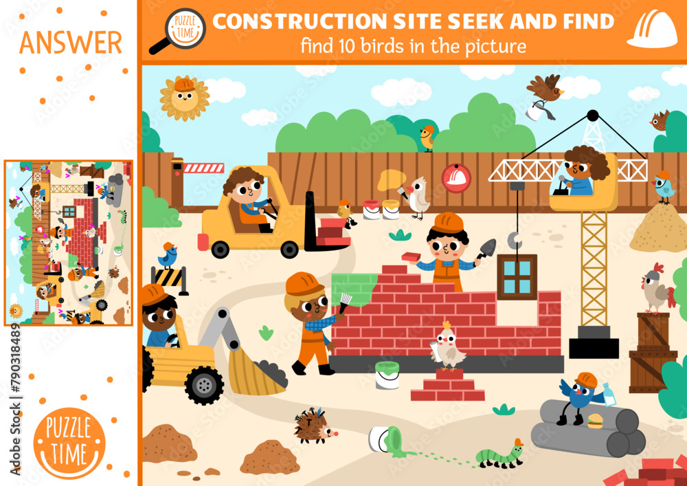 Vector construction site searching game with building works landscape. Spot hidden birds in the picture. Simple seek and find educational printable activity for kids with workers and animals.