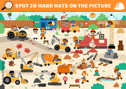 Vector construction site searching game with building works landscape. Spot hidden hard hats in the picture. Simple seek and find educational printable activity for kids with workers in uniform. © Lexi Claus