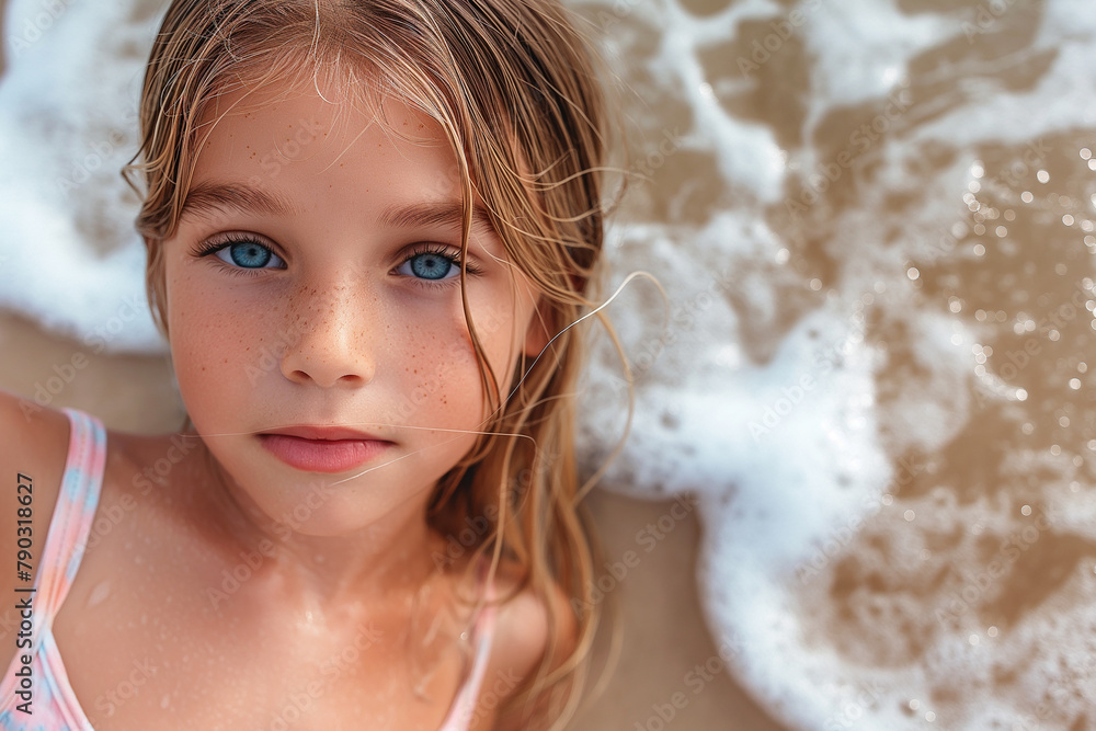 Close up of a young girl with blue eyes at the beach.