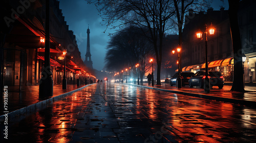 Rue de Paris dans une nuit humide menant à la tour Eiffel. photo