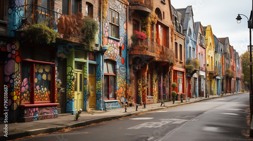 Les façades des bâtiments sont ornées de graffitis colorés, rue originale, insolite. © arnaud