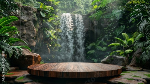 product photography, empty brown wooden podium on evergreen rain forest background. © Werckmeister