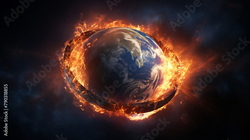 A fiery globe with continents bathed in sunlight and blue oceans cradled by the black void of space