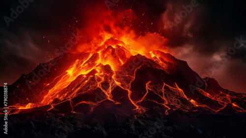Dramatic image of molten lava erupting from a volcano, vibrant orange against a dark night sky, showcasing natures raw power photo